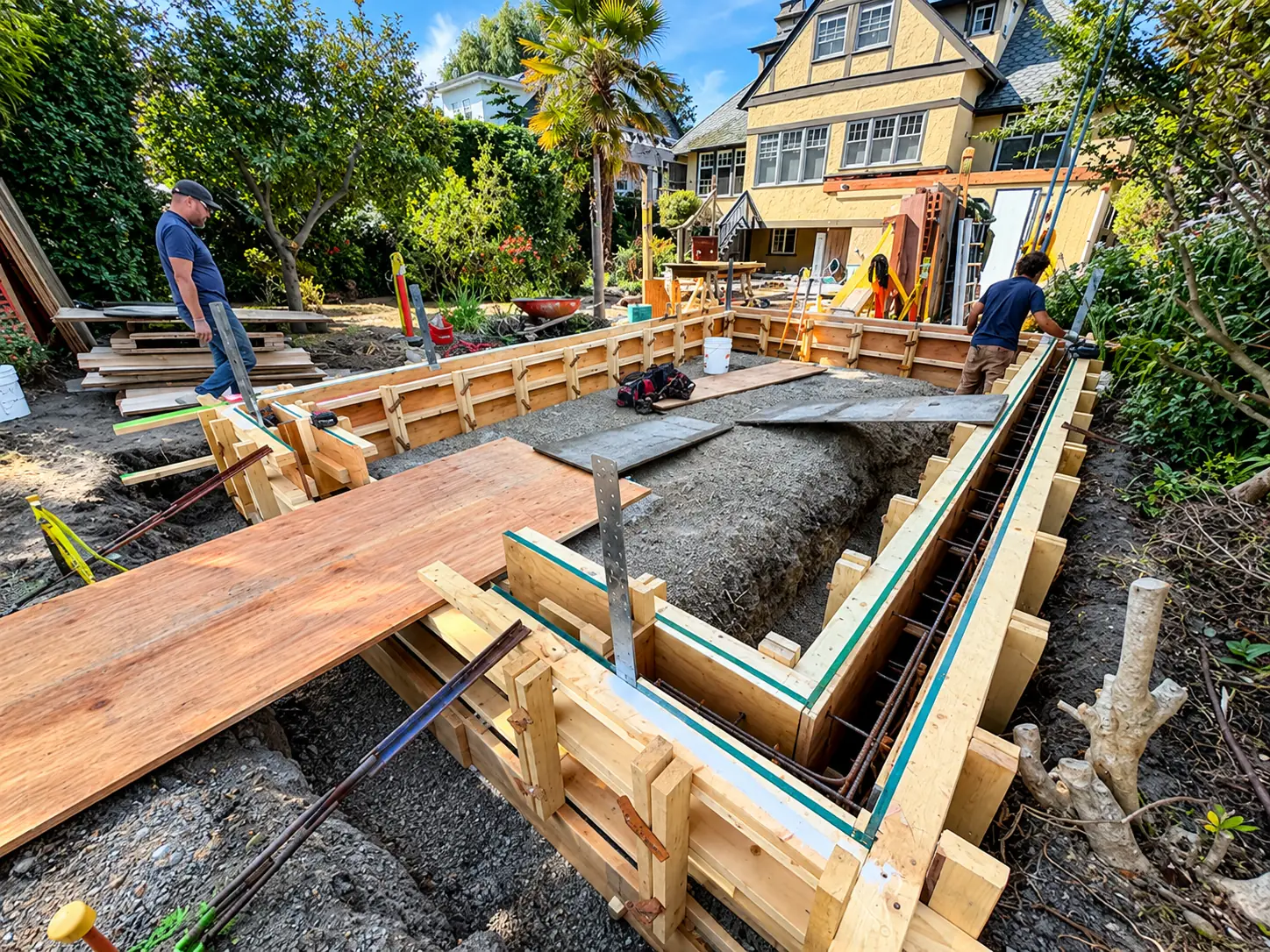 Crew building formwork and rebar for a new concrete foundation beside a character home