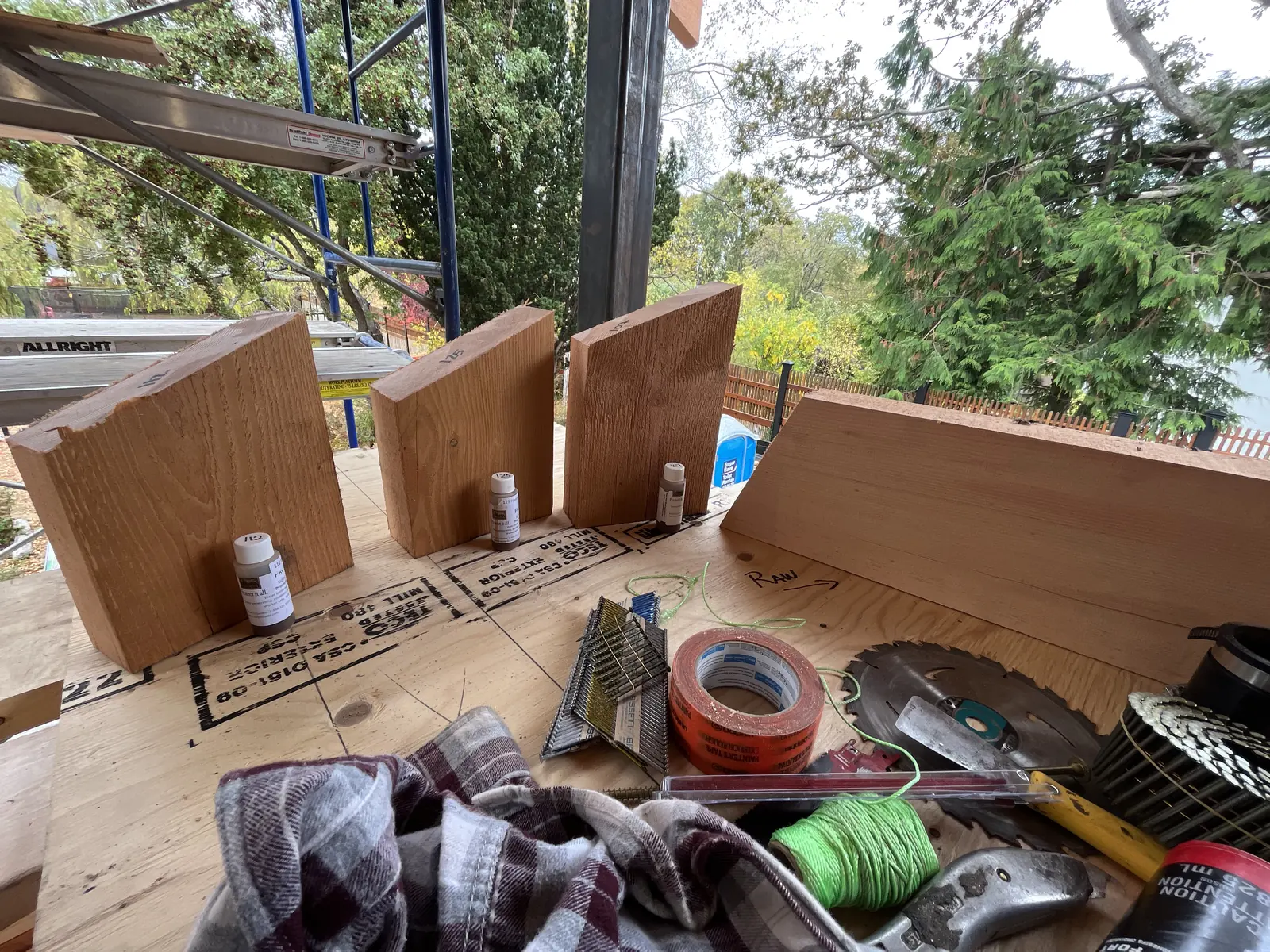 Framing lumber and materials laid out on a work site