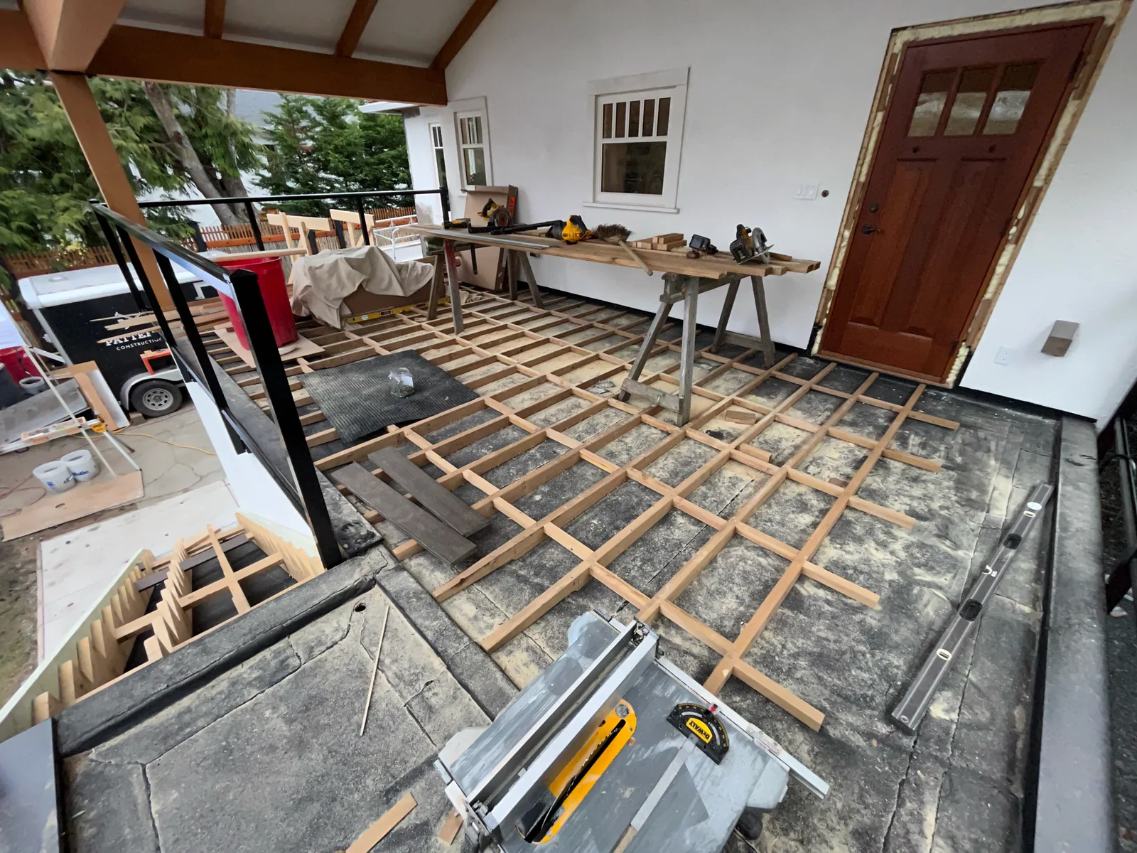 Subfloor framing laid out inside a room