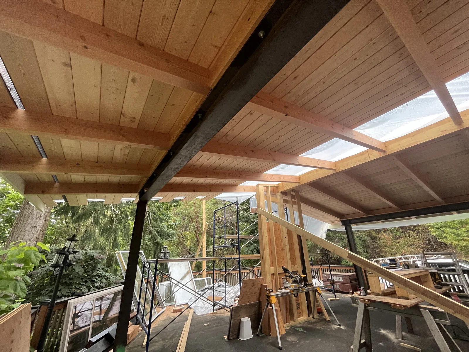 Timber ceiling and deck structure under construction