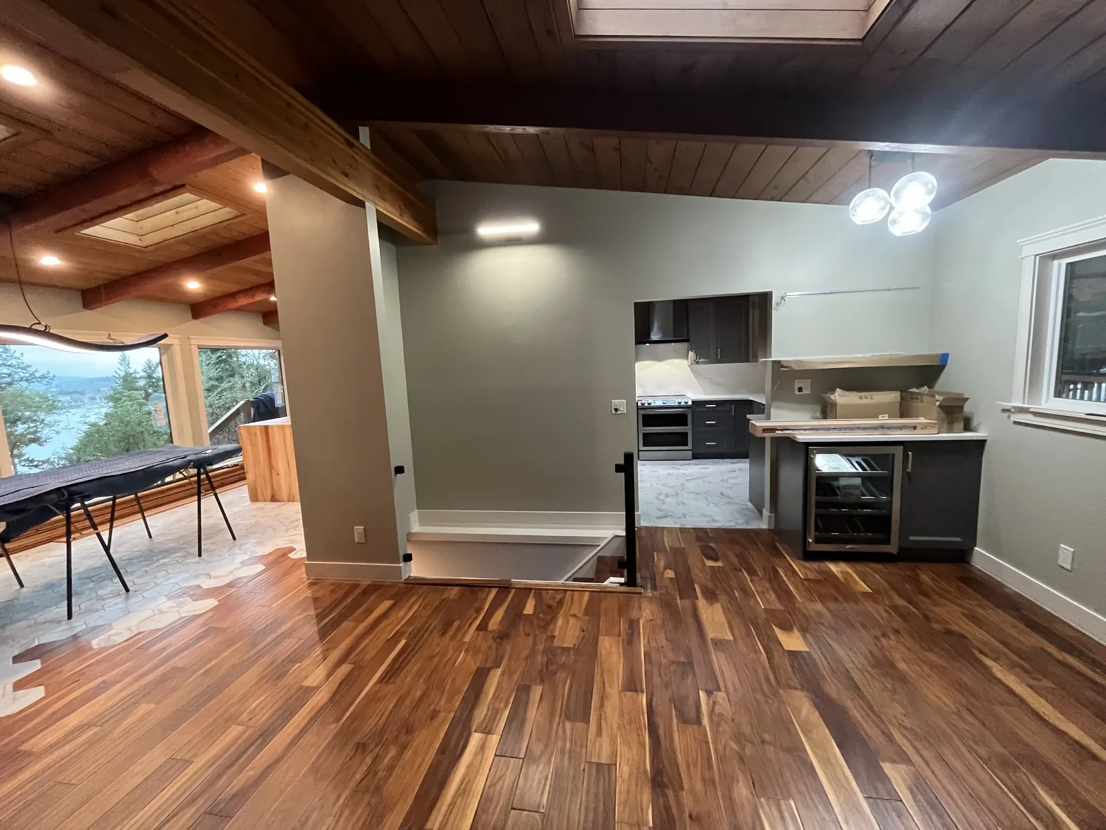Kitchen and dining area with a timber ceiling nearing completion