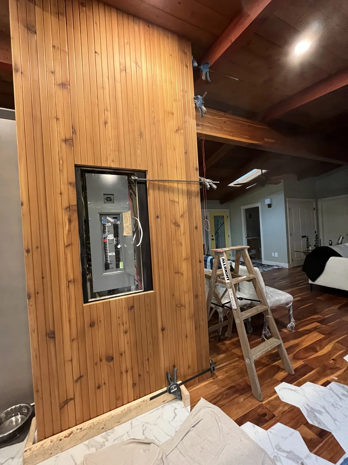 Cedar clad wall and timber ceiling during finishing