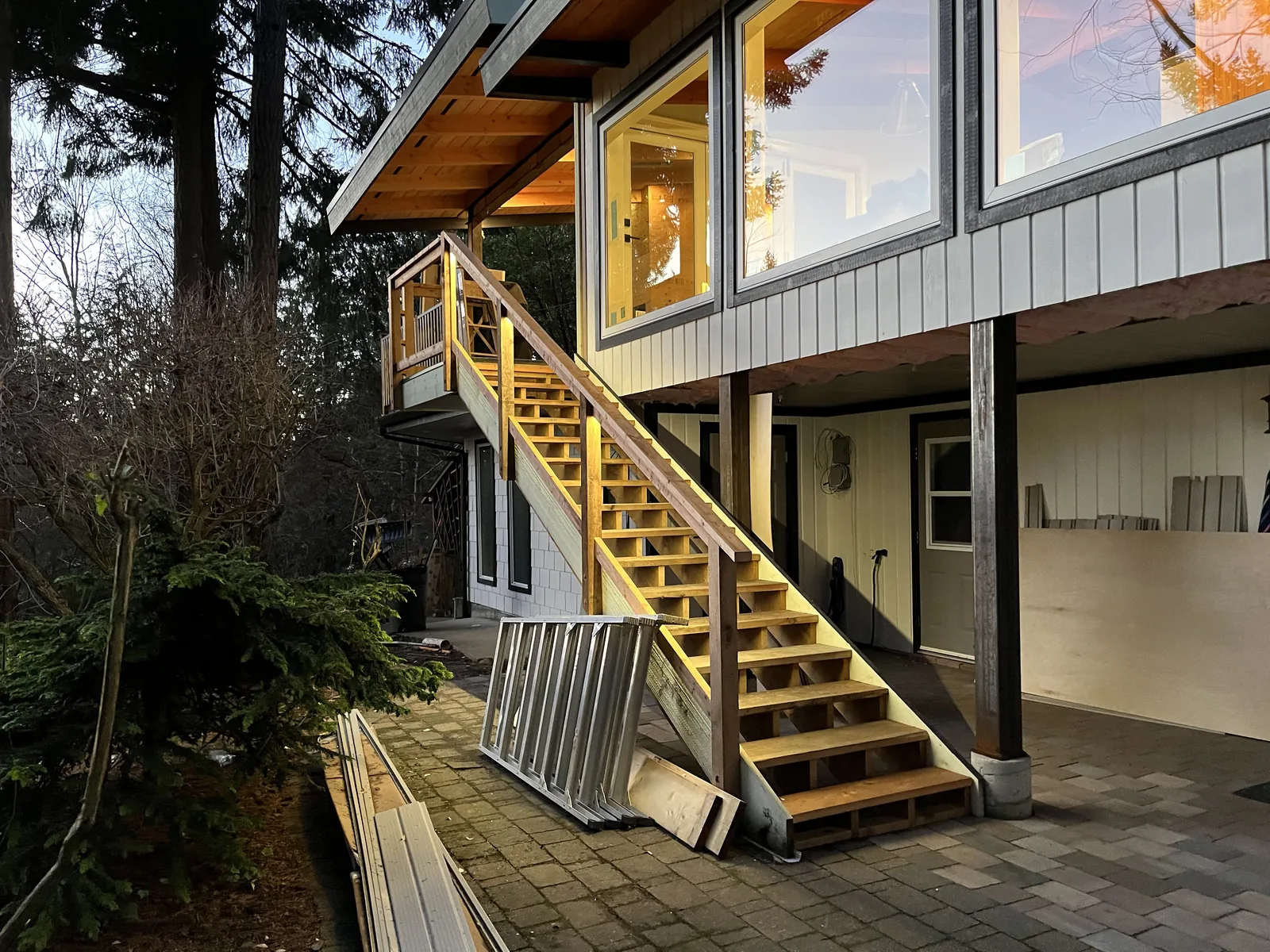 Exterior stairs and railings on a house under construction