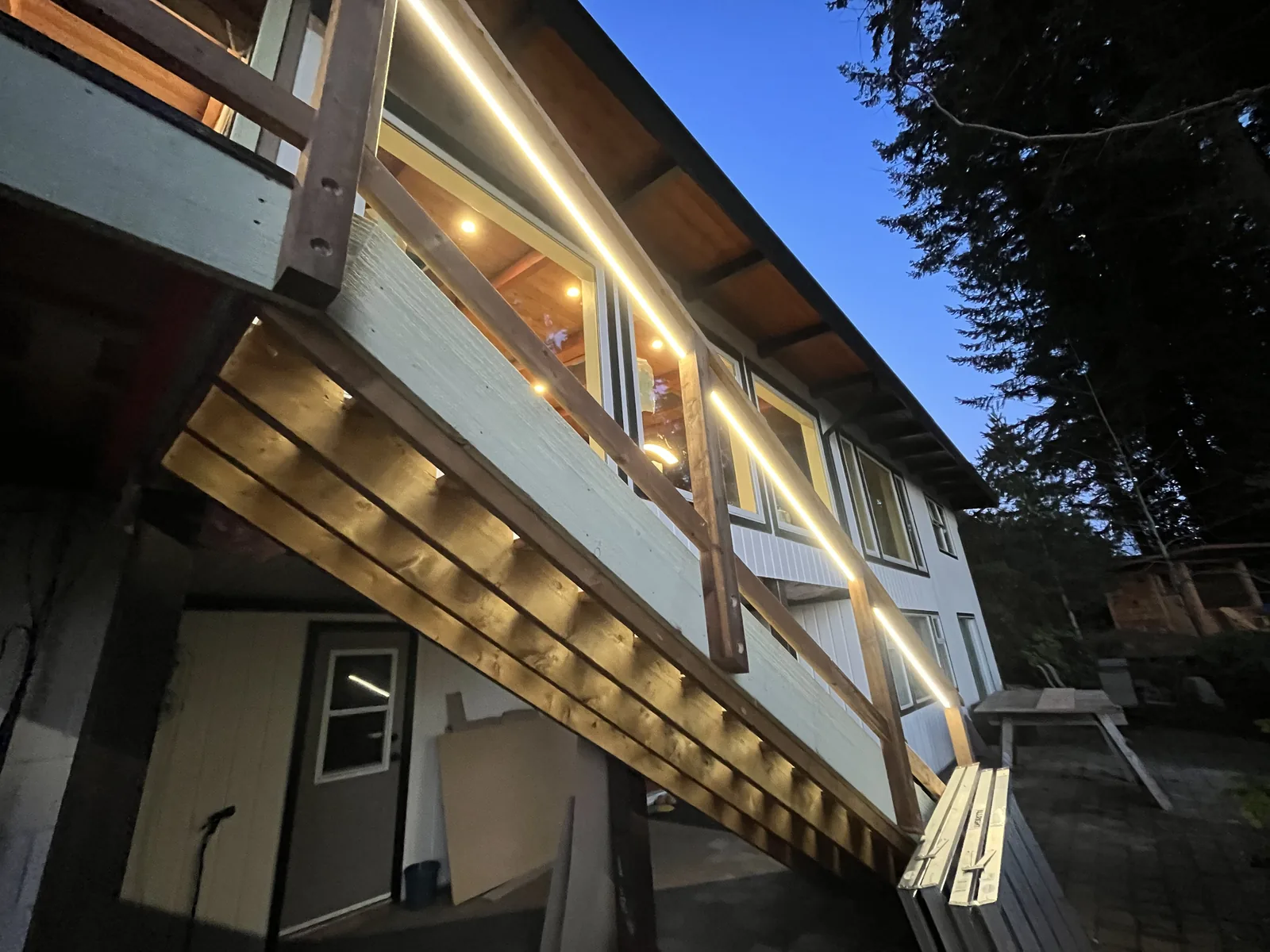 Underside of a new deck and soffit framing