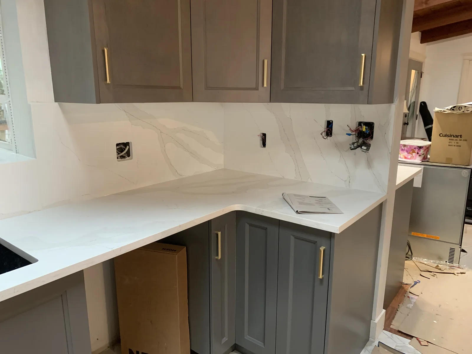 Kitchen counter and cabinets during installation