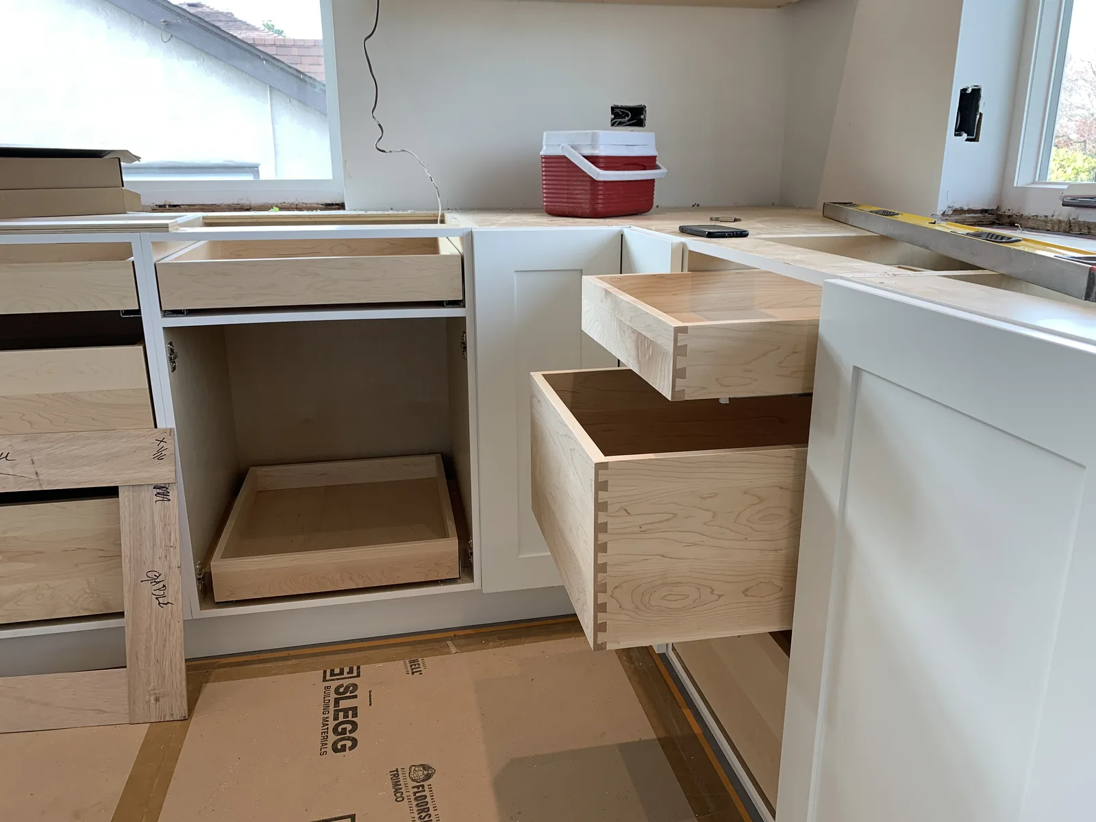 Drawer boxes and cabinet panels during a kitchen installation