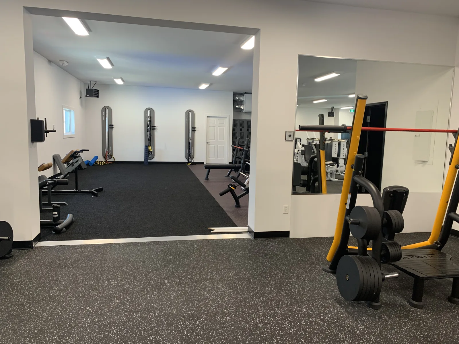 Free weight area with a mirrored wall and equipment racks at Truth Gym Victoria